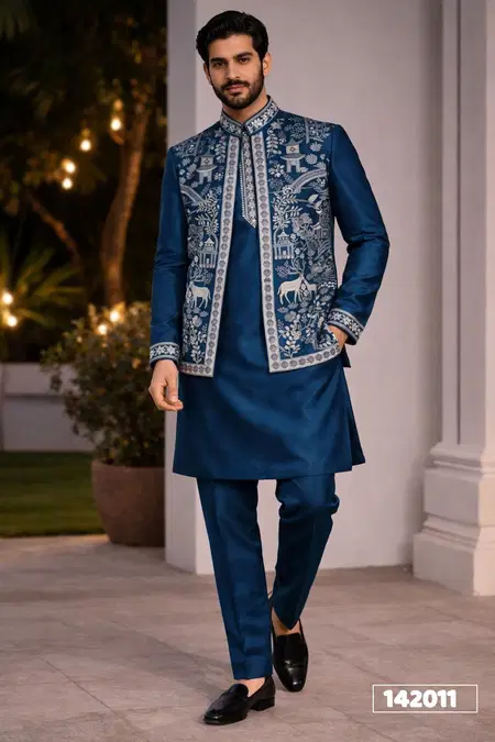 Outluk Wedding Collection Vol 142 Pure Donair Mens Modi Jacket Kurta Pajama Manufacturers 142009 to 142014